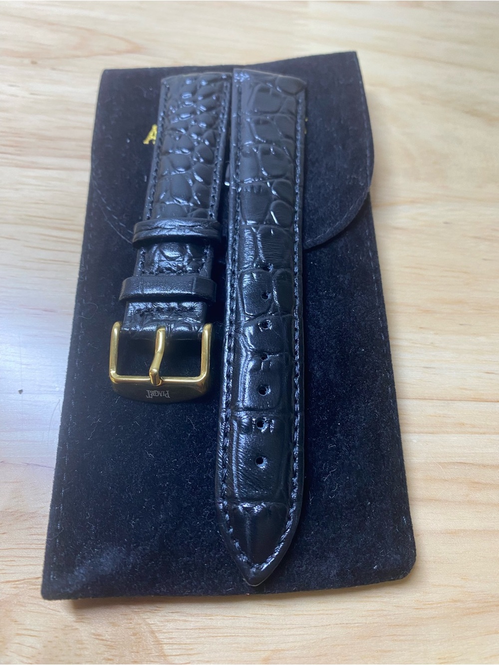 Classic Black Croc-Embossed Leather Watch Strap with Gold Buckle 20mm Piaget